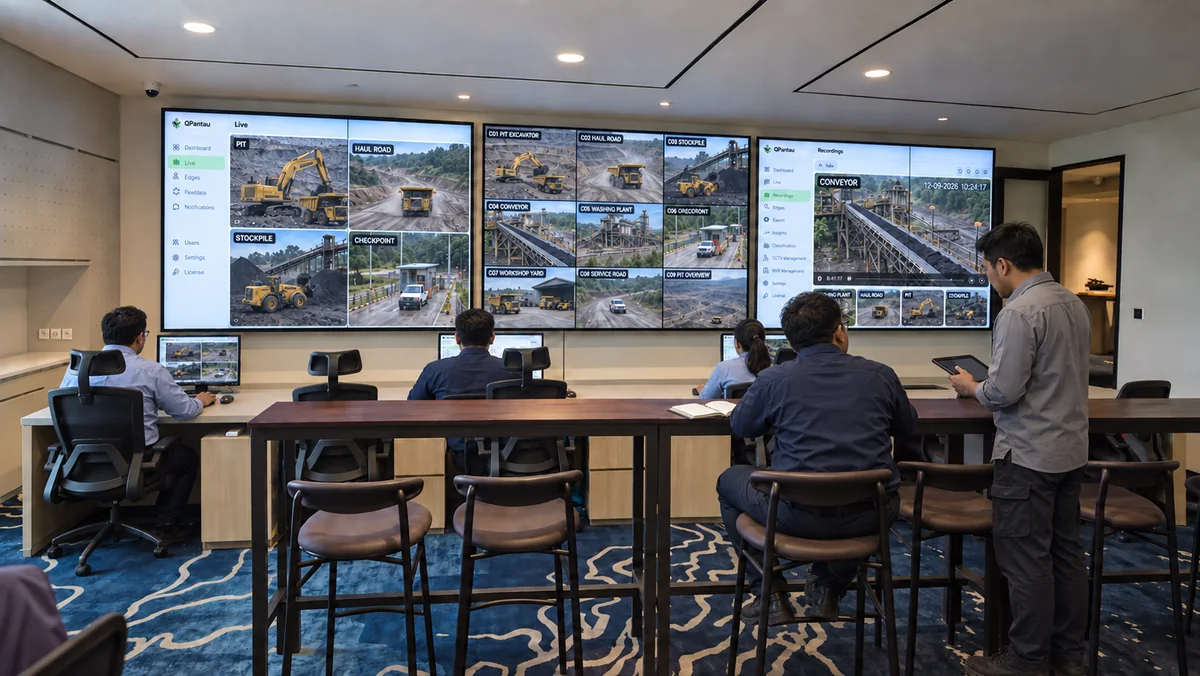 Ilustrasi command center dari materi Qpantau, dengan operator dan video wall multi-kamera.