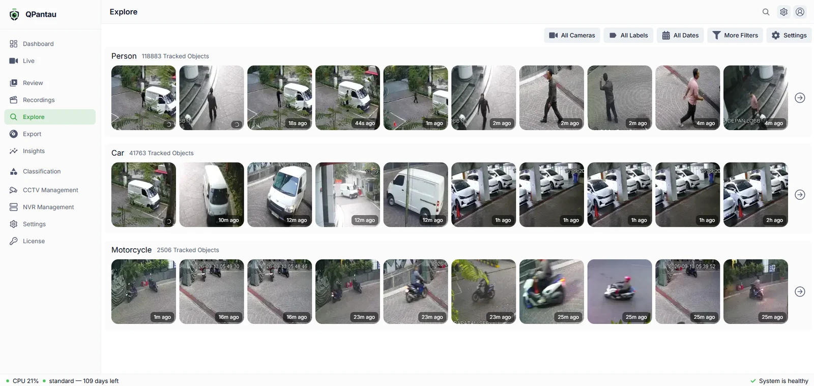 Screenshot asli Qpantau Explore: rekaman kejadian yang dikelompokkan berdasarkan person, car, dan motorcycle.