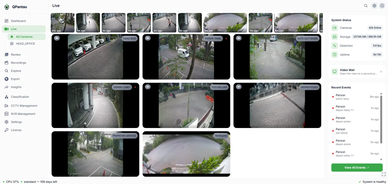 Screenshot asli Qpantau Live: delapan tampilan kamera, status sistem, video wall, dan daftar kejadian terbaru.